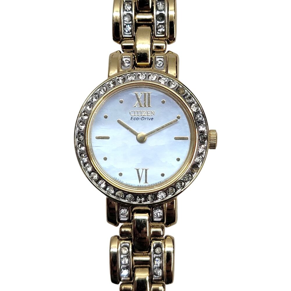 Citizen Eco-Drive Womens Watch Gold Tone Mother of Pearl Crystal Bezel Dress